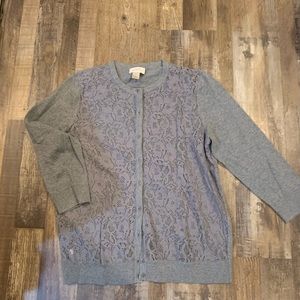Gray Loft Petite Lace Cardigan Sweater Three Quarter Length Sleeve